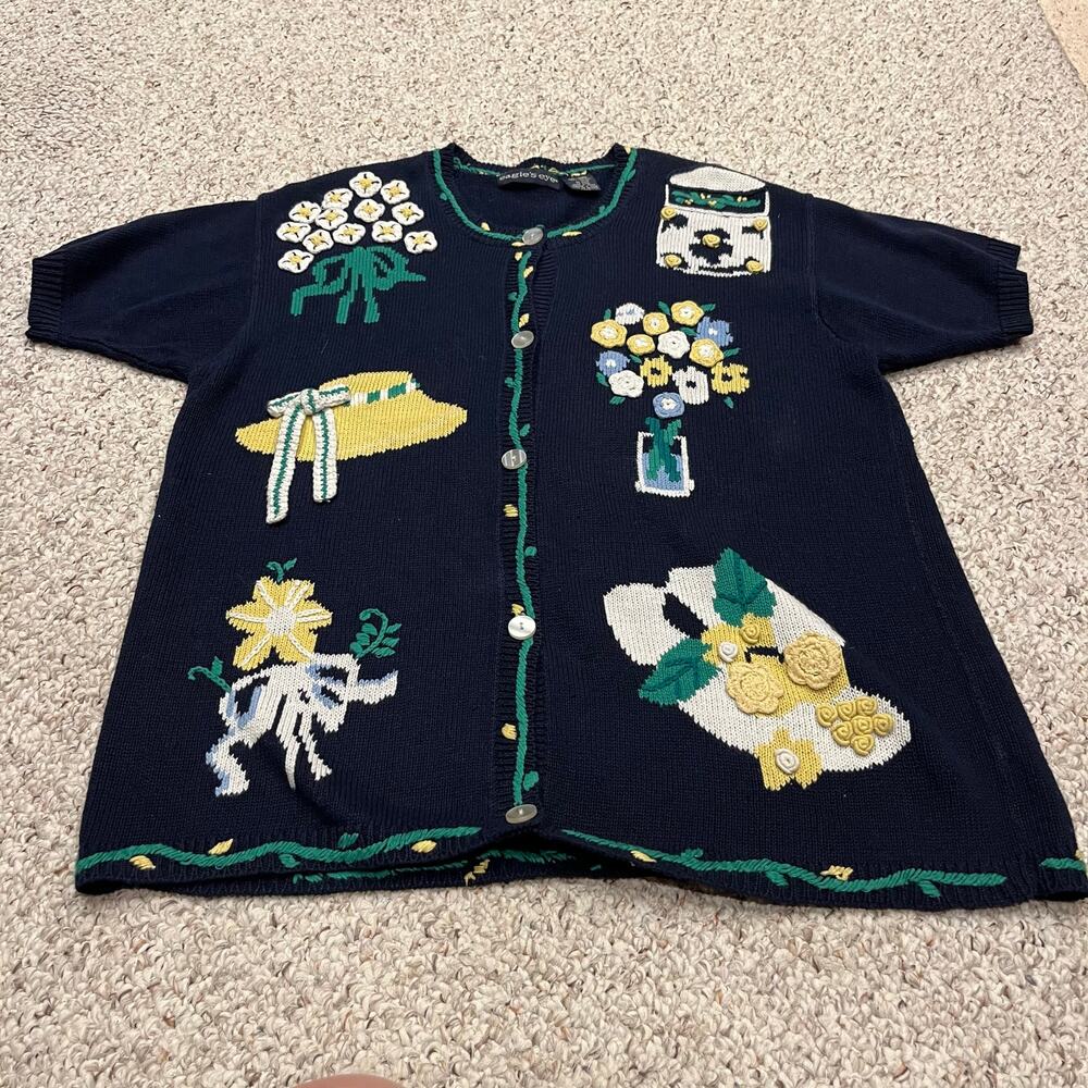 Eagles Eye Vintage Short Sleeve Cardigan Sweater Sz L Cottagecore Floral Grandma